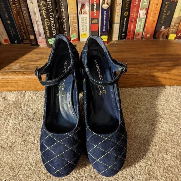 MARCHEZ Vous quilted blue suede thick heel ankle strap platform shoes sz 9.5 euc - Picture 1 of 8